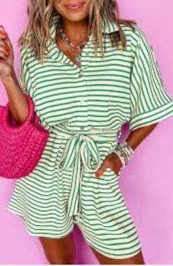 Entro Womens Summer Casual Striped Rompers Belted Elastic Waist Small